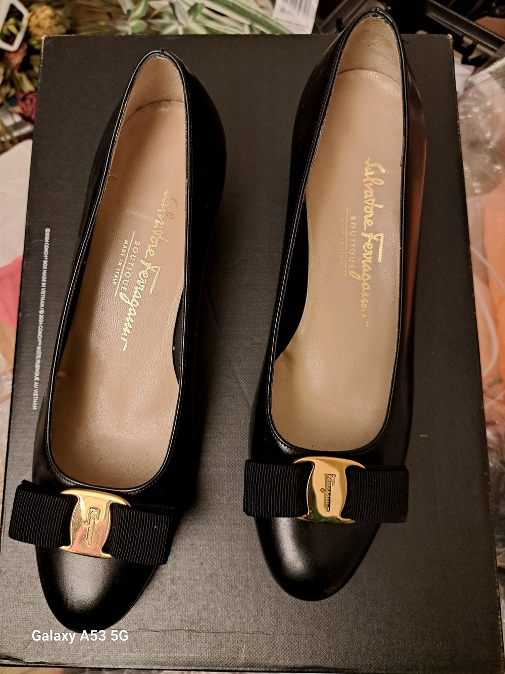 Salvatore Ferragamo Black Vara Bow Leather with Gold Logo, Low Heel